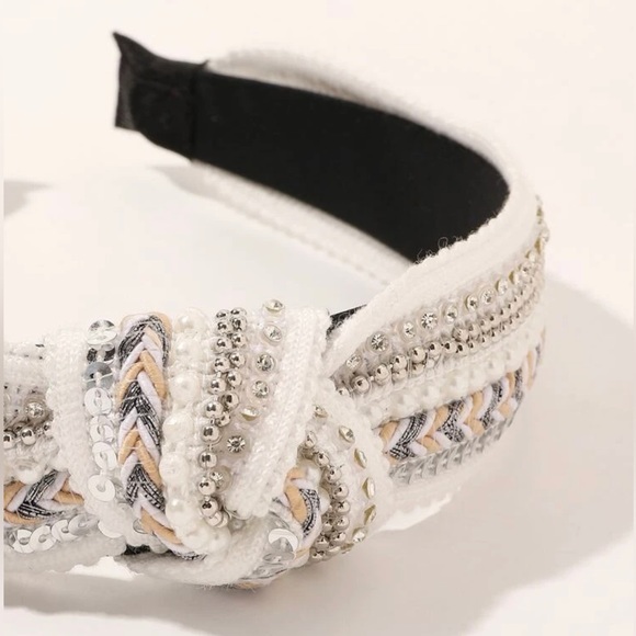 White Twisted Headband With Rhinestones and Pearl Details - Picture 2 of 5